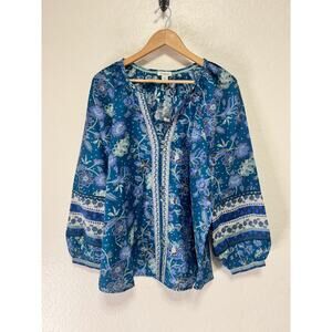 bryn Walker Teal Floral Peasant Blouse